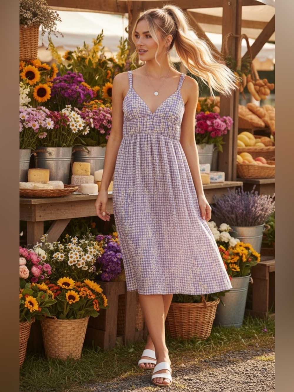(#26)ALL IN FAVOUR Lavender Gingham Floral Smocked Midi Dress